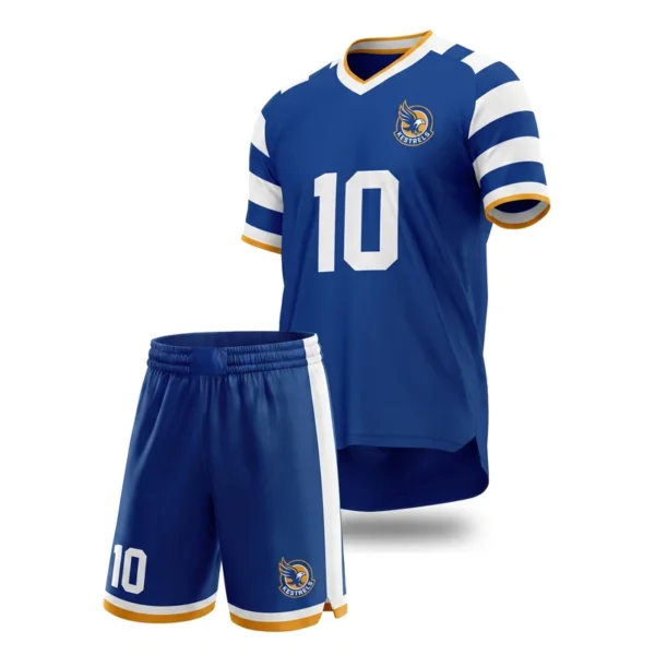 Custom soccer uniform - Kestrels plain body, bold collar and sleeves design in cobalt blue, jersey and matching shorts, design code CAP-SC-207