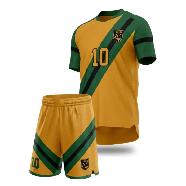 Custom soccer uniform - Legion broad diagonal sash design in ochre gold, jersey and matching shorts, design code CAP-SC-107