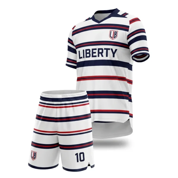 Custom soccer uniform - Liberty stripe band hoops design in white, jersey and matching shorts, design code CAP-SC-401