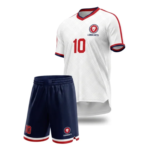 Custom soccer uniform - Lionhearts white and rose design in white, jersey and matching shorts, design code CAP-SC-705