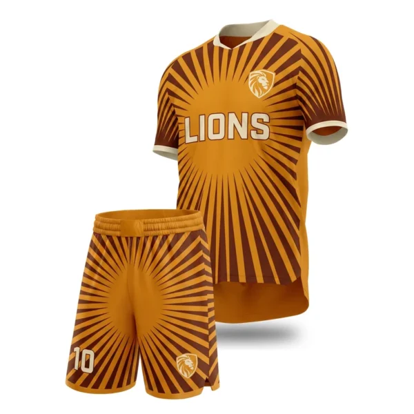 Custom soccer uniform - Lions radiating mane design in amber, jersey and matching shorts, design code CAP-SC-611