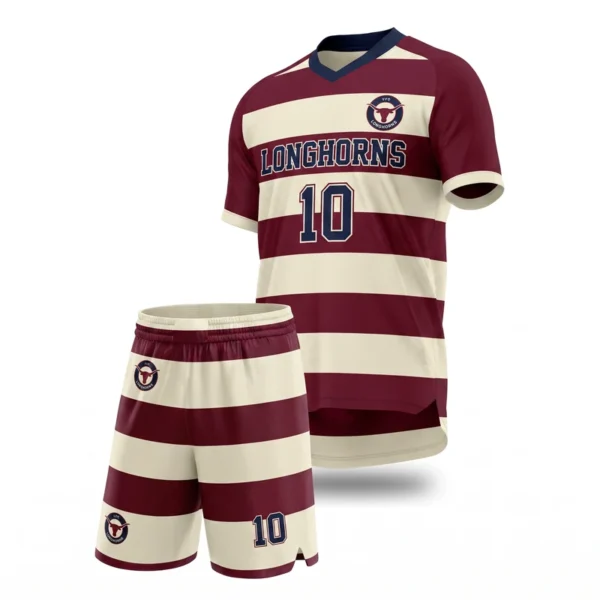Custom soccer uniform - Longhorns wide hoops, contrast sleeves design in cream, jersey and matching shorts, design code CAP-SC-208