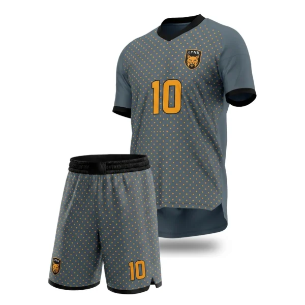 Custom soccer uniform - Lynx dot field, all over design in slate grey, jersey and matching shorts, design code CAP-SC-307