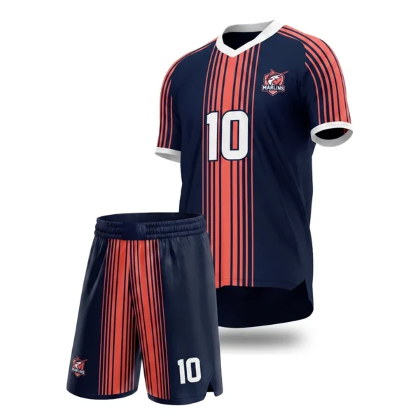 Custom soccer uniform - Marlins centre stripe cluster design in midnight navy, jersey and matching shorts, design code CAP-SC-204