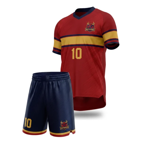 Custom soccer uniform - Matadors scarlet and gold design in scarlet, jersey and matching shorts, design code CAP-SC-708