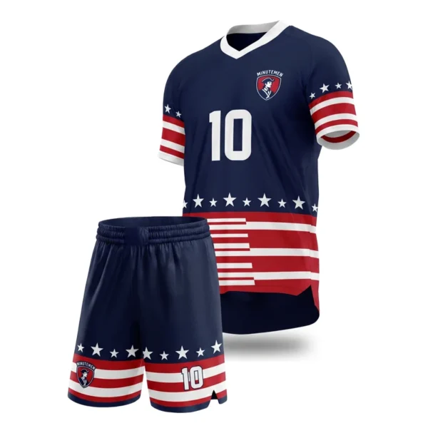 Custom soccer uniform - Minutemen star and stripe hem block design in navy, jersey and matching shorts, design code CAP-SC-412