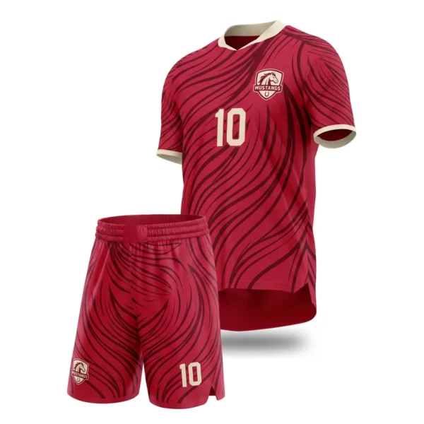 Custom soccer uniform - Mustangs running line field design in crimson, jersey and matching shorts, design code CAP-SC-606