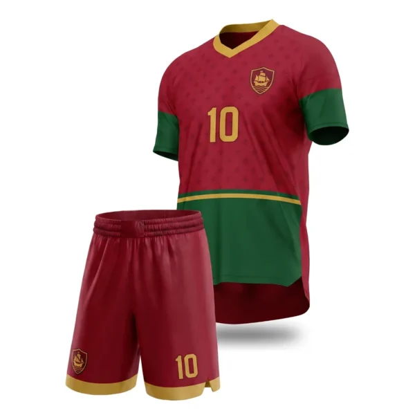 Custom soccer uniform - Navigators crimson and green design in crimson, jersey and matching shorts, design code CAP-SC-707