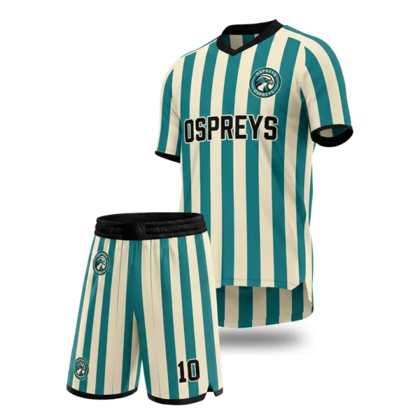 Custom soccer uniform - Ospreys bold vertical stripes design in teal, jersey and matching shorts, design code CAP-SC-200