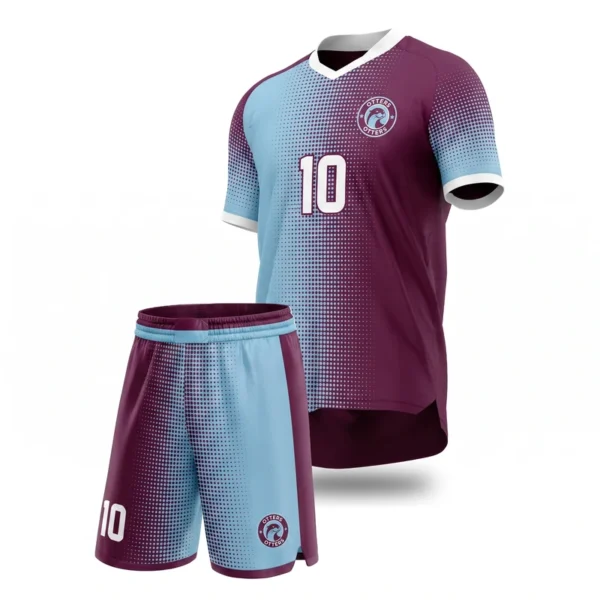 Custom soccer uniform - Otters two-colour halftone transition design in plum, jersey and matching shorts, design code CAP-SC-310