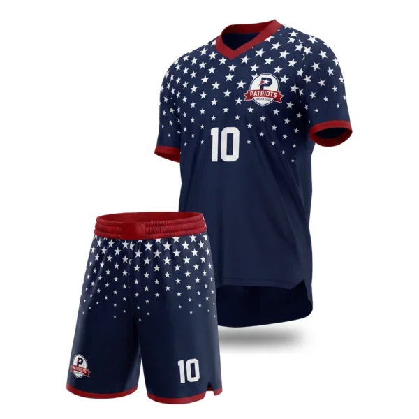 Custom soccer uniform - Patriots star field fade design in navy, jersey and matching shorts, design code CAP-SC-400