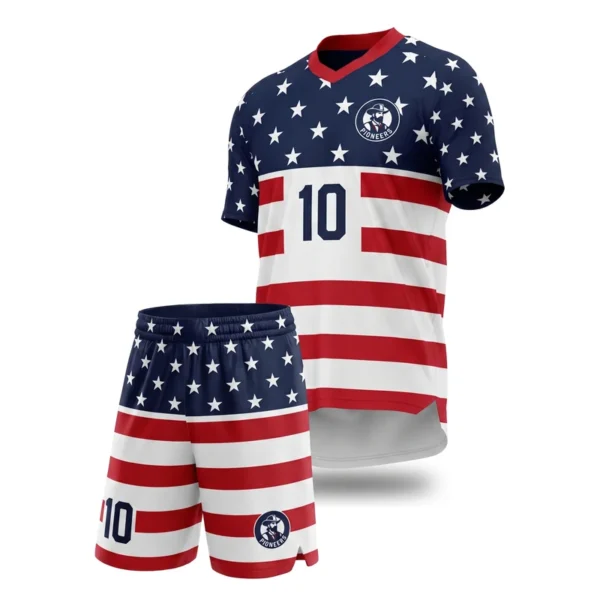 Custom soccer uniform - Pioneers star and stripe split design in navy, jersey and matching shorts, design code CAP-SC-407