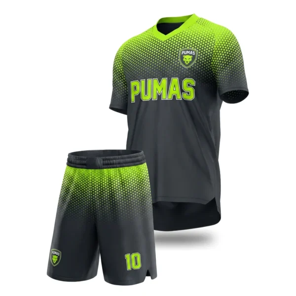 Custom soccer uniform - Pumas shoulder halftone design in charcoal, jersey and matching shorts, design code CAP-SC-302