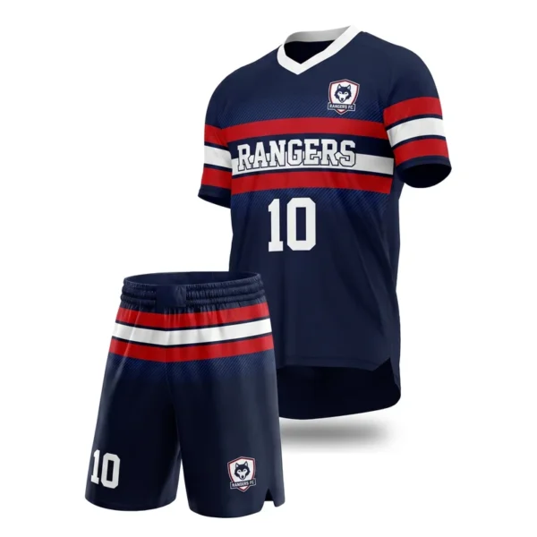 Custom soccer uniform - Rangers chest stripe band design in navy, jersey and matching shorts, design code CAP-SC-410