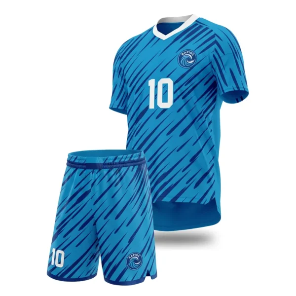 Custom soccer uniform - Rapids current streaks design in azure, jersey and matching shorts, design code CAP-SC-610