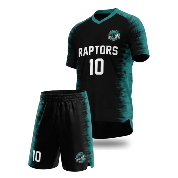 Custom soccer uniform - Raptors streak texture, sleeves and sides design in black, jersey and matching shorts, design code CAP-SC-300