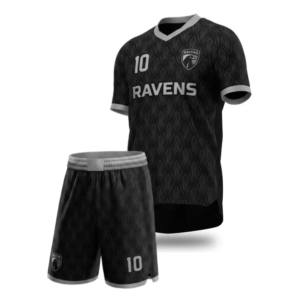 Custom soccer uniform - Ravens plume lattice design in obsidian black, jersey and matching shorts, design code CAP-SC-609