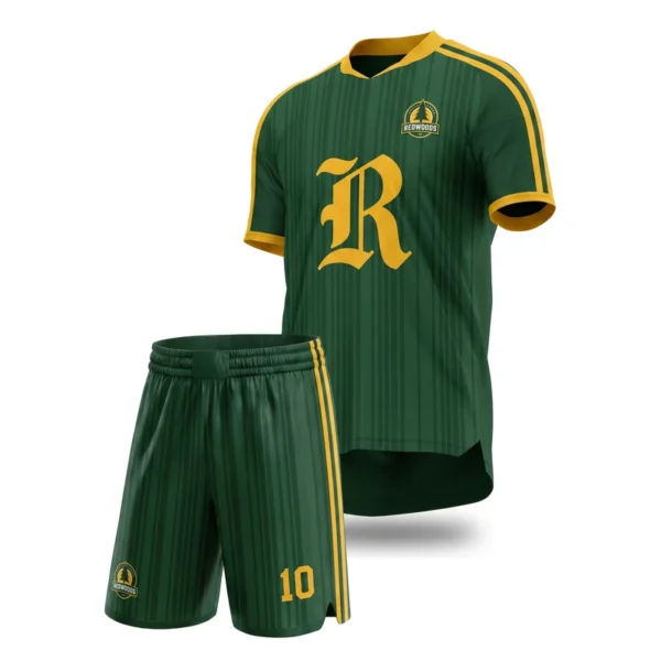 Custom soccer uniform - Redwoods tonal stripes and shoulder bands design in forest green, jersey and matching shorts, design code CAP-SC-209