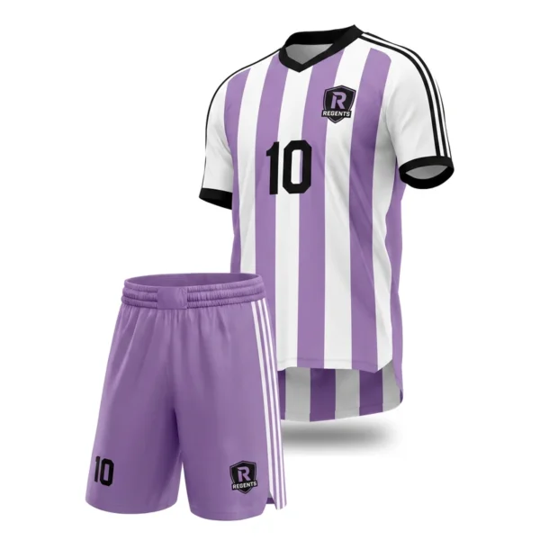 Custom soccer uniform - Regents vertical stripes, white sleeves design in lavender, jersey and matching shorts, design code CAP-SC-103