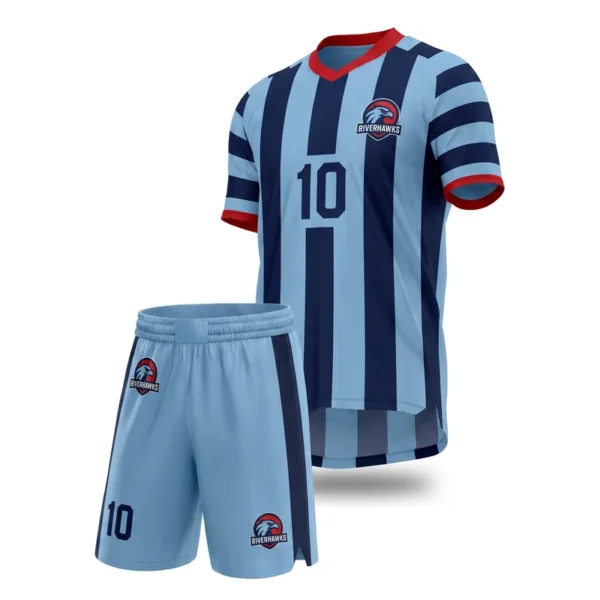 Custom soccer uniform - Riverhawks striped body, hooped sleeves design in powder blue, jersey and matching shorts, design code CAP-SC-212