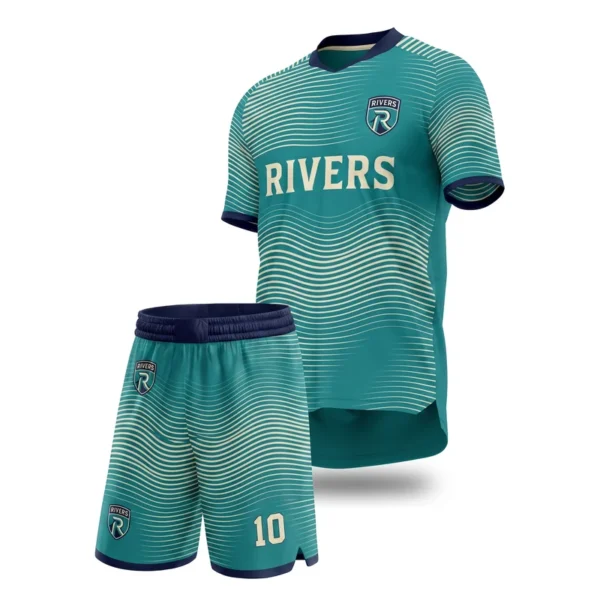 Custom soccer uniform - Rivers wave line fade design in teal, jersey and matching shorts, design code CAP-SC-312