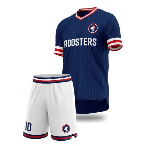 Custom soccer uniform - Roosters navy and tricolour trim design in navy, jersey and matching shorts, design code CAP-SC-703