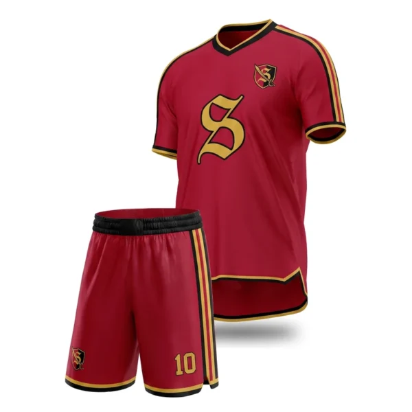Custom soccer uniform - Sabres gothic monogram on solid design in crimson, jersey and matching shorts, design code CAP-SC-101