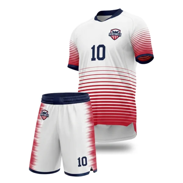 Custom soccer uniform - Sentinels stripe fade from the hem design in white, jersey and matching shorts, design code CAP-SC-408