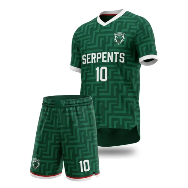 Custom soccer uniform - Serpents emerald step pattern design in emerald green, jersey and matching shorts, design code CAP-SC-709