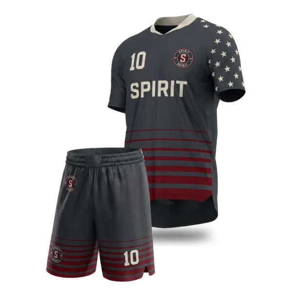 Custom soccer uniform - Spirit subdued stars and bars design in charcoal, jersey and matching shorts, design code CAP-SC-409