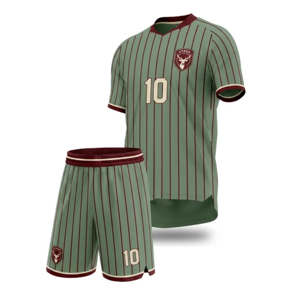 Custom soccer uniform - Stags dense pinstripes design in sage green, jersey and matching shorts, design code CAP-SC-203
