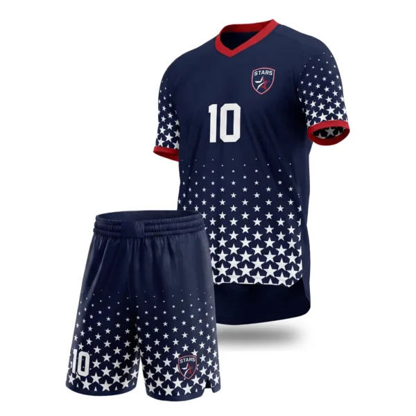 Custom soccer uniform - Stars star halftone rise design in navy, jersey and matching shorts, design code CAP-SC-403