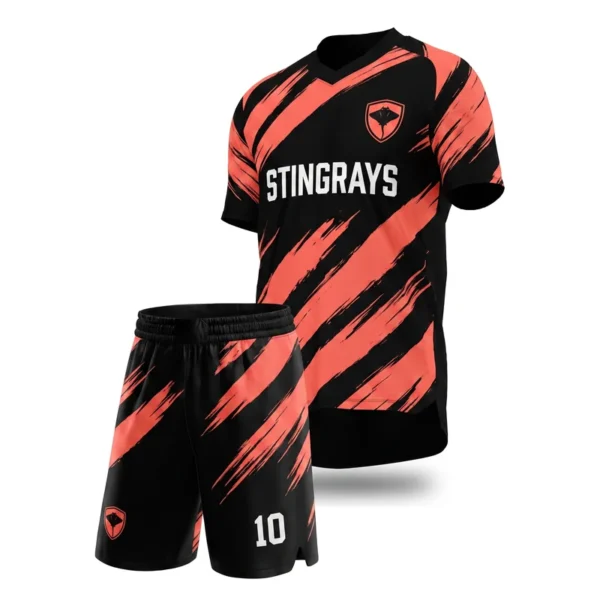 Custom soccer uniform - Stingrays bold brush streaks design in black, jersey and matching shorts, design code CAP-SC-305