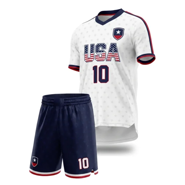 Custom soccer uniform - Summit white, navy and red design in white, jersey and matching shorts, design code CAP-SC-715
