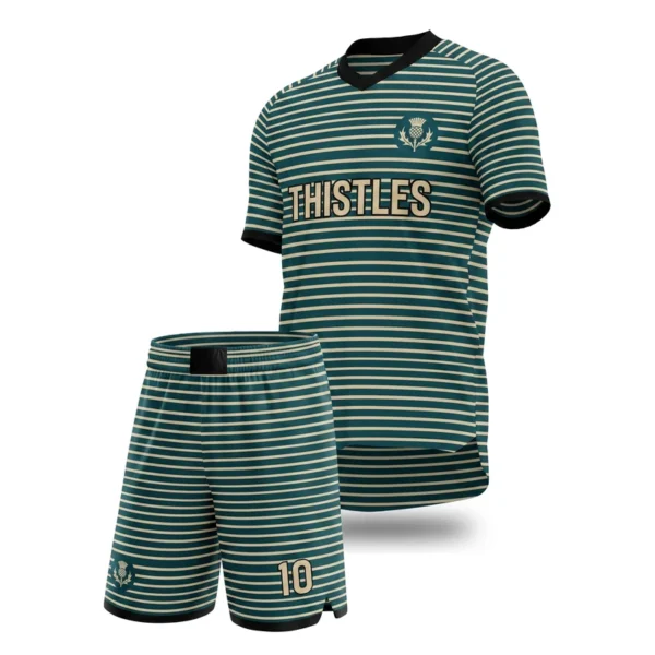 Custom soccer uniform - Thistles fine horizontal hoops design in deep teal, jersey and matching shorts, design code CAP-SC-206