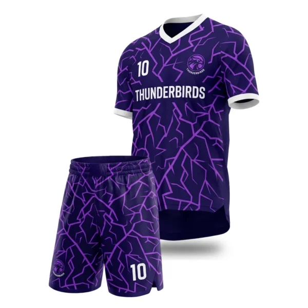 Custom soccer uniform - Thunderbirds fractured bolt lattice design in indigo, jersey and matching shorts, design code CAP-SC-605