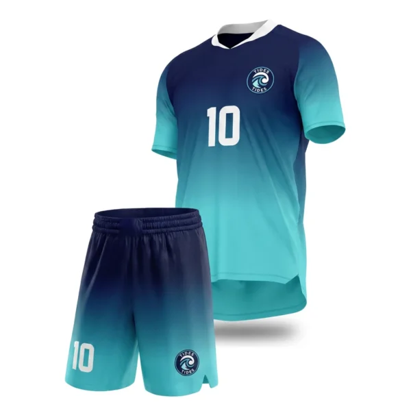 Custom soccer uniform - Tides smooth vertical gradient design in deep navy, jersey and matching shorts, design code CAP-SC-303