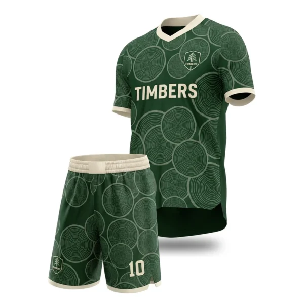 Custom soccer uniform - Timbers growth rings design in forest green, jersey and matching shorts, design code CAP-SC-603
