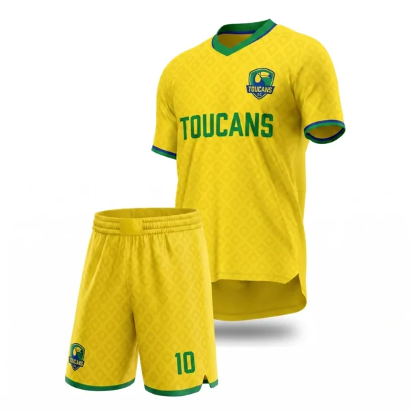 Custom soccer uniform - Toucans canary gold design in canary yellow, jersey and matching shorts, design code CAP-SC-700