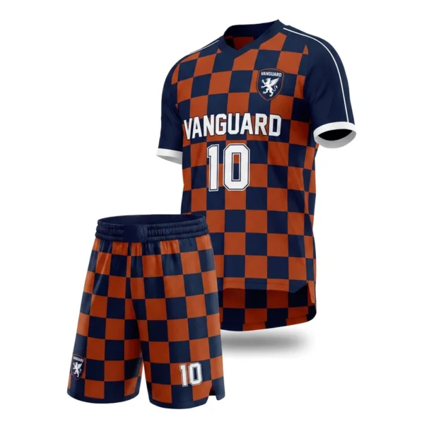 Custom soccer uniform - Vanguard checkerboard body, solid sleeves design in rust orange, jersey and matching shorts, design code CAP-SC-104