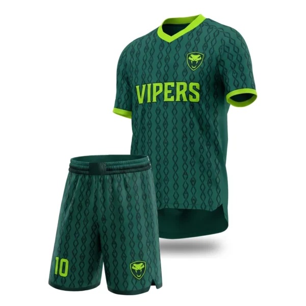 Custom soccer uniform - Vipers diamond chain design in jade green, jersey and matching shorts, design code CAP-SC-612