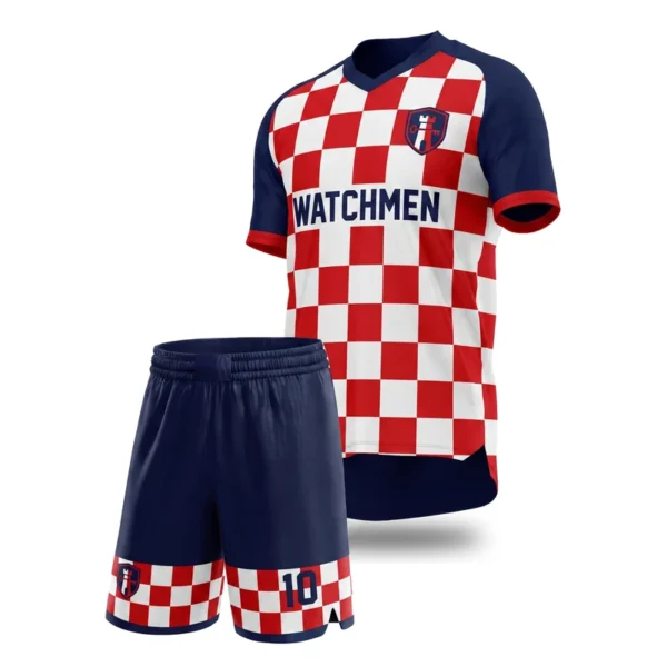 Custom soccer uniform - Watchmen red check design in red, jersey and matching shorts, design code CAP-SC-711