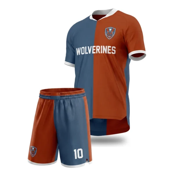 Custom soccer uniform - Wolverines halves design in rust orange, jersey and matching shorts, design code CAP-SC-202
