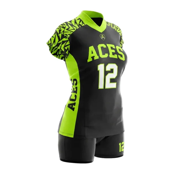 Custom volleyball uniform - Aces patterned sleeve, volt design in black, jersey and matching shorts, design code CAP-VB-101
