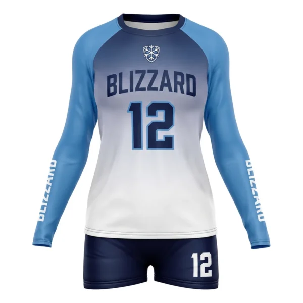 Custom volleyball uniform - Blizzard body fade, solid sleeves design in white, jersey and matching shorts, design code CAP-VBL-121