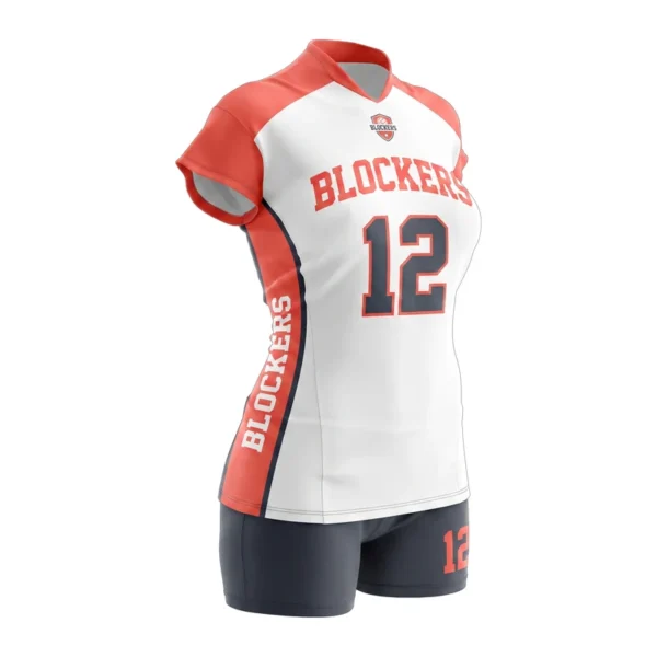 Custom volleyball uniform - Blockers light kit, bold sleeves design in white, jersey and matching shorts, design code CAP-VB-109