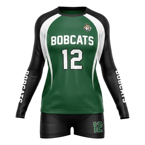 Custom volleyball uniform - Bobcats curved sleeve split design in forest green, jersey and matching shorts, design code CAP-VBL-104