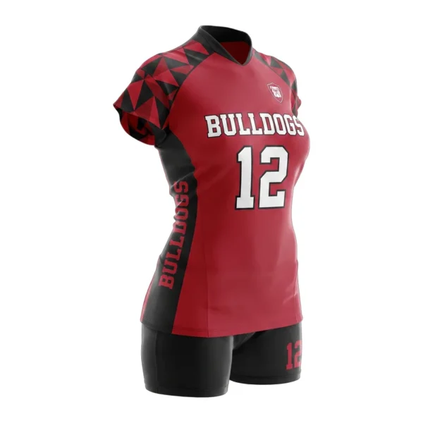 Custom volleyball uniform - Bulldogs faceted shoulder panels design in crimson, jersey and matching shorts, design code CAP-VB-121