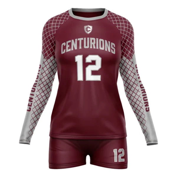 Custom volleyball uniform - Centurions diamond lattice sleeves design in deep maroon, jersey and matching shorts, design code CAP-VBL-124