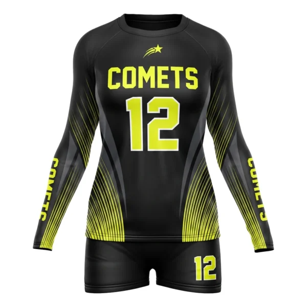 Custom volleyball uniform - Comets volt motion lines design in black, jersey and matching shorts, design code CAP-VBL-111